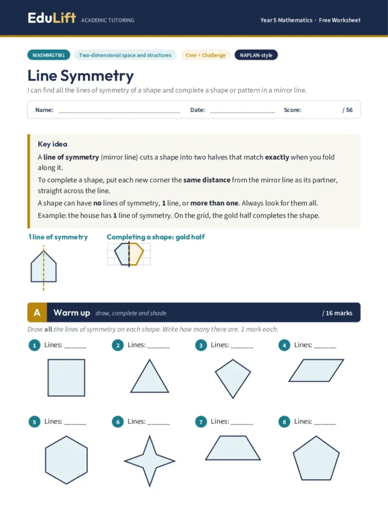 First page of the Year 5 line symmetry worksheet