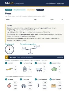 First page of the Year 5 mass worksheet