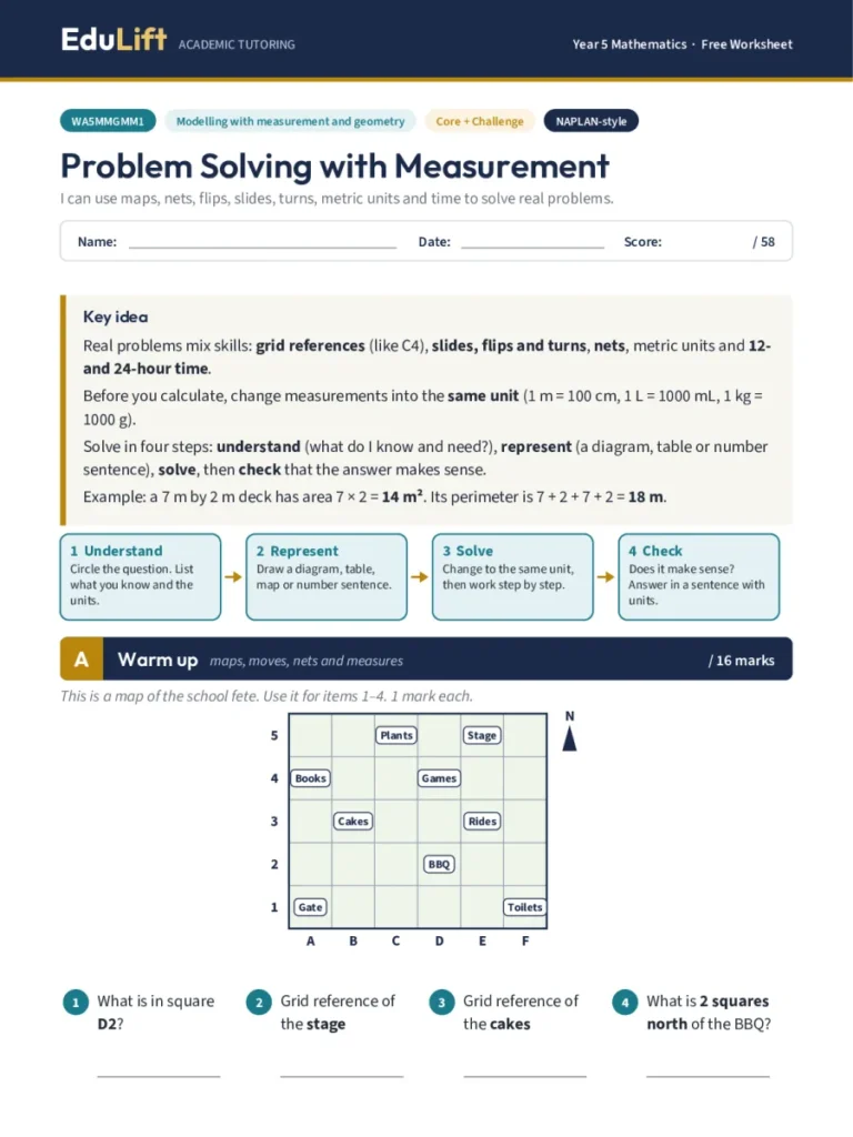 First page of the Year 5 problem solving with measurement worksheet