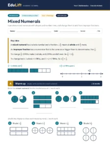First page of the Year 5 mixed numerals worksheet