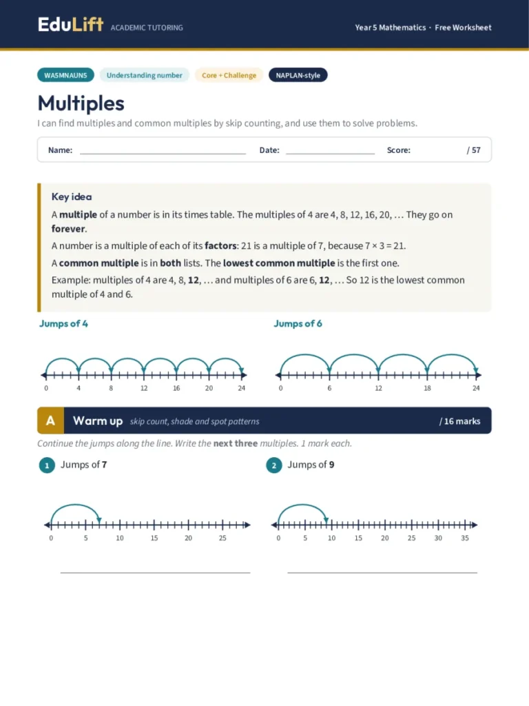First page of the Year 5 multiples worksheet