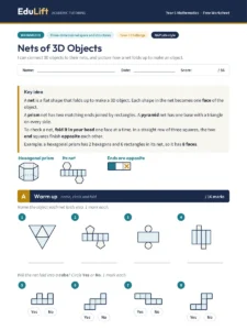 First page of the Year 5 nets of 3d objects worksheet