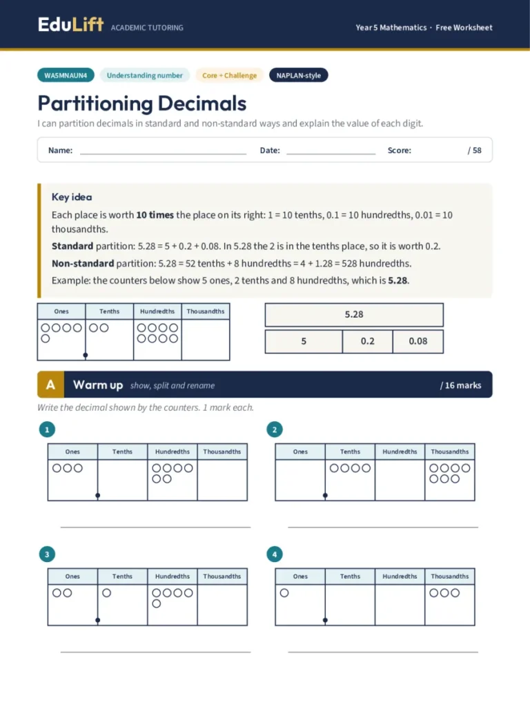 First page of the Year 5 partitioning decimals worksheet