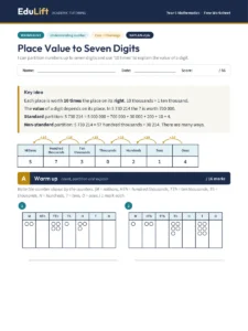 First page of the Year 5 place value to seven digits worksheet