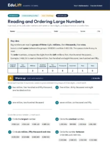 First page of the Year 5 reading and ordering large numbers worksheet