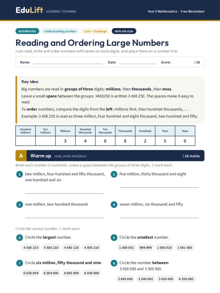 First page of the Year 5 reading and ordering large numbers worksheet