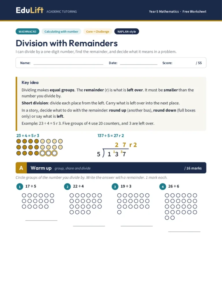 First page of the Year 5 division with remainders worksheet