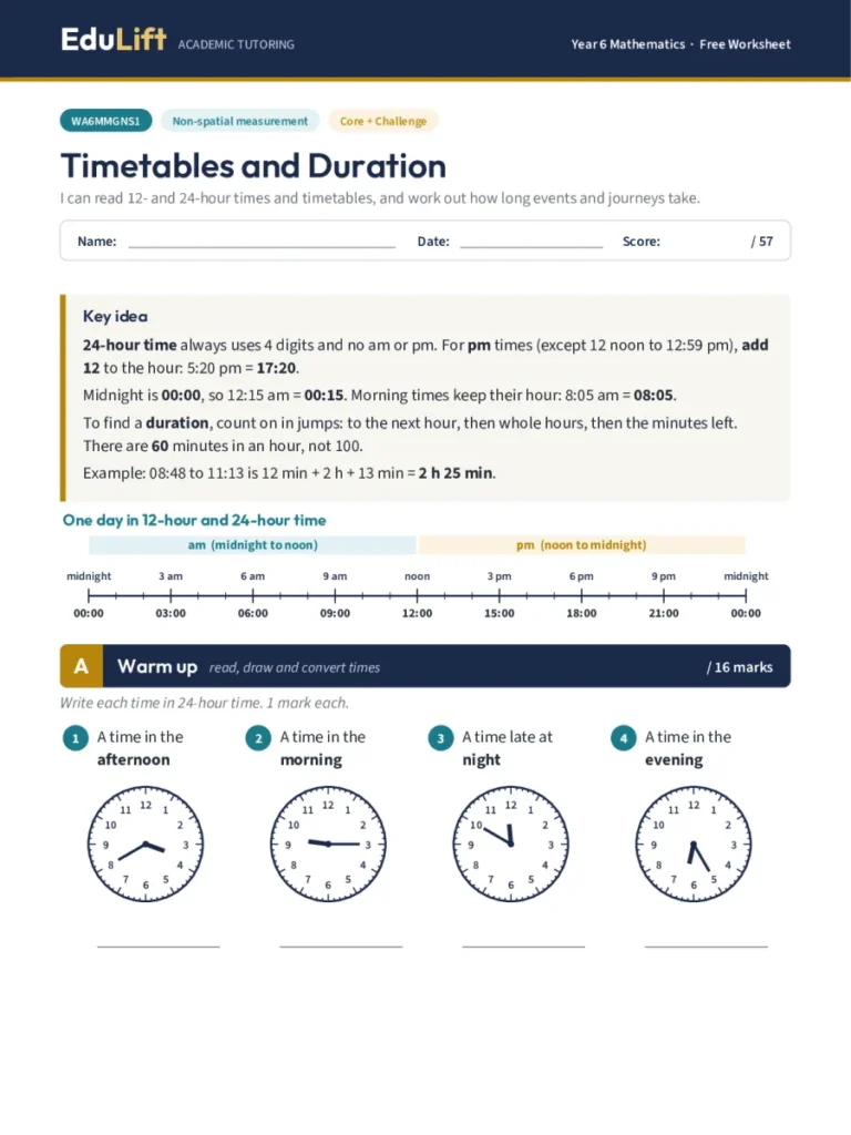 First page of the Year 6 timetables and duration worksheet