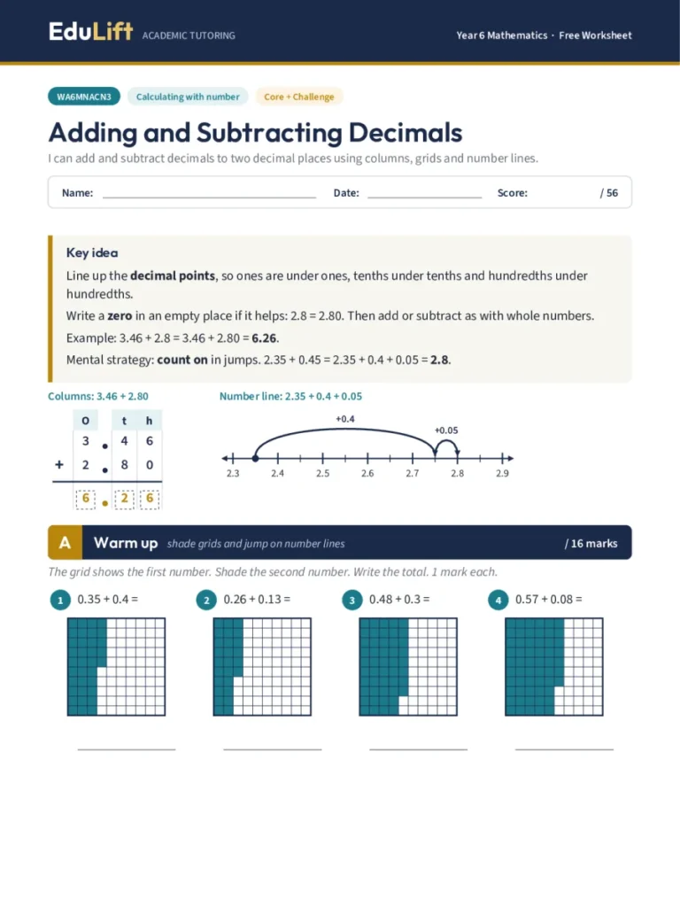 First page of the Year 6 adding and subtracting decimals worksheet