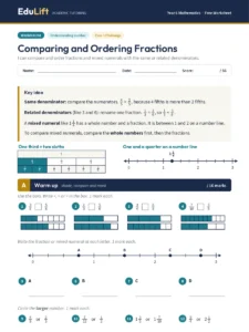 First page of the Year 6 comparing and ordering fractions worksheet