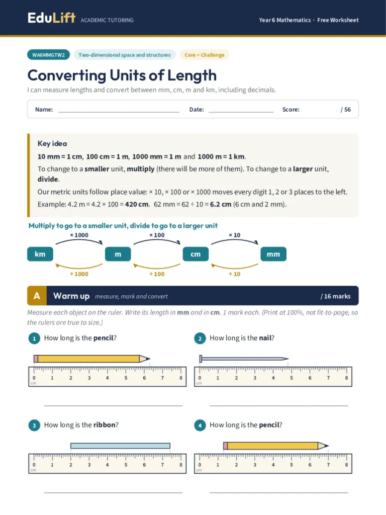 First page of the Year 6 converting units of length worksheet