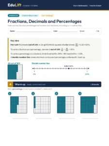 First page of the Year 6 fractions, decimals and percentages worksheet