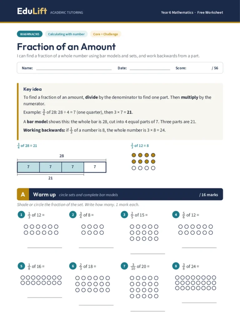 First page of the Year 6 fraction of an amount worksheet