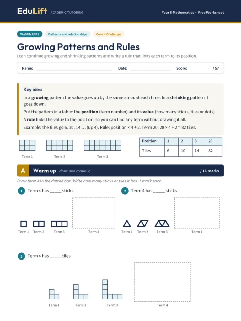 First page of the Year 6 growing patterns and rules worksheet