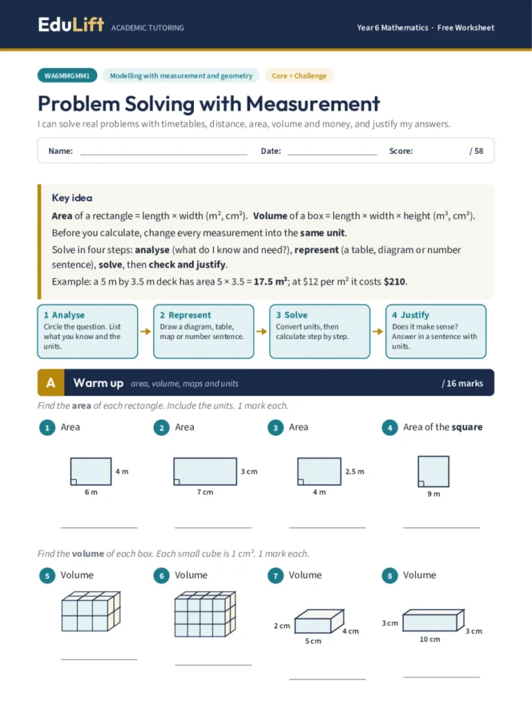 First page of the Year 6 problem solving with measurement worksheet