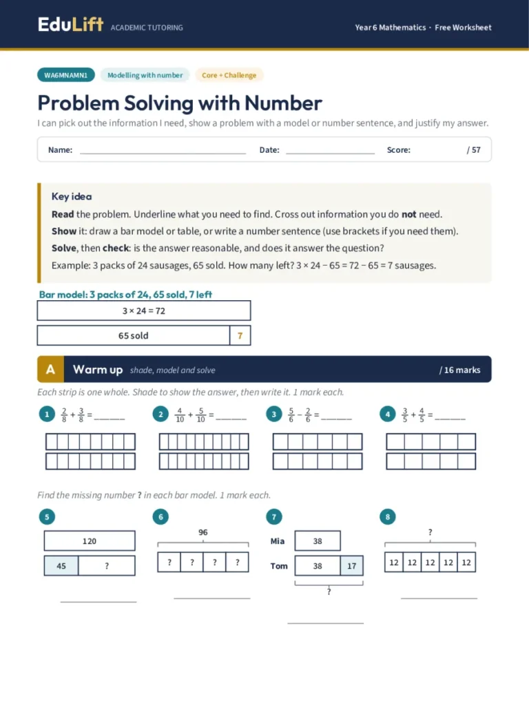 First page of the Year 6 problem solving with number worksheet