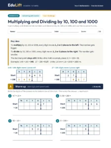First page of the Year 6 multiplying and dividing by 10, 100 and 1000 worksheet