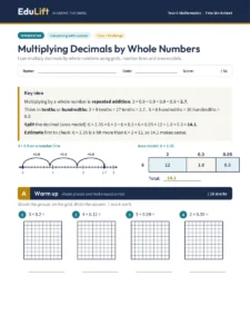 First page of the Year 6 multiplying decimals by whole numbers worksheet