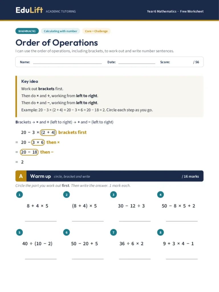 First page of the Year 6 order of operations worksheet