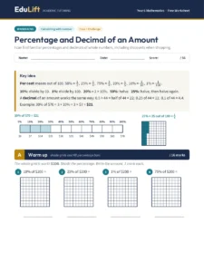First page of the Year 6 percentage and decimal of an amount worksheet