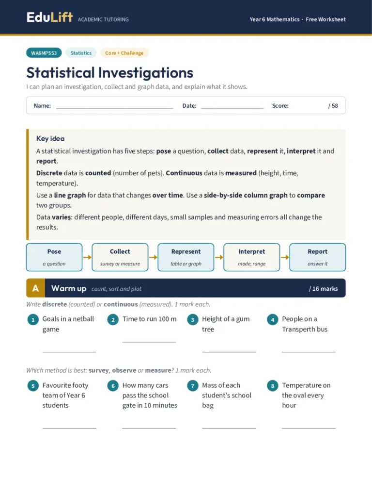 First page of the Year 6 statistical investigations worksheet