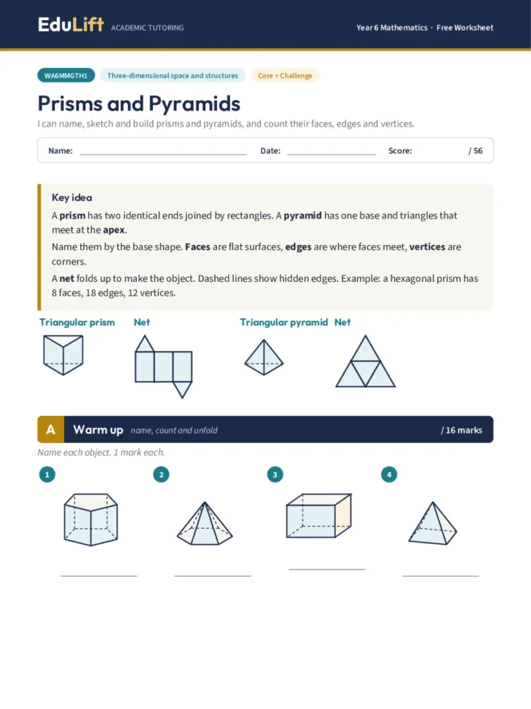 First page of the Year 6 prisms and pyramids worksheet