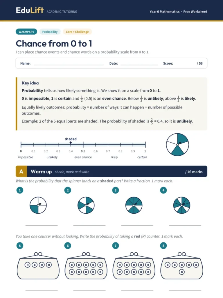 First page of the Year 6 chance from 0 to 1 worksheet