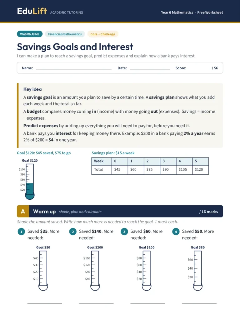 First page of the Year 6 savings goals and interest worksheet
