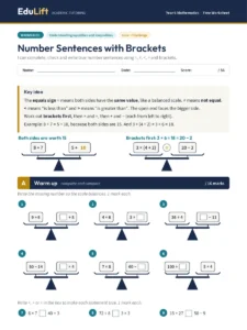 First page of the Year 6 number sentences with brackets worksheet