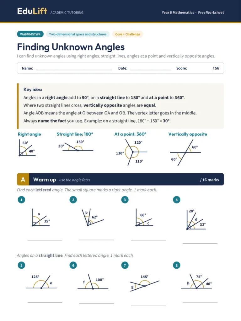 First page of the Year 6 finding unknown angles worksheet