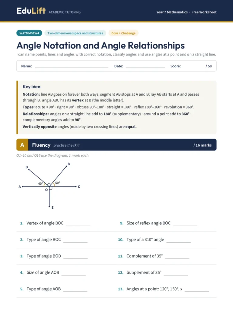 First page of the Year 7 angle notation and angle relationships worksheet
