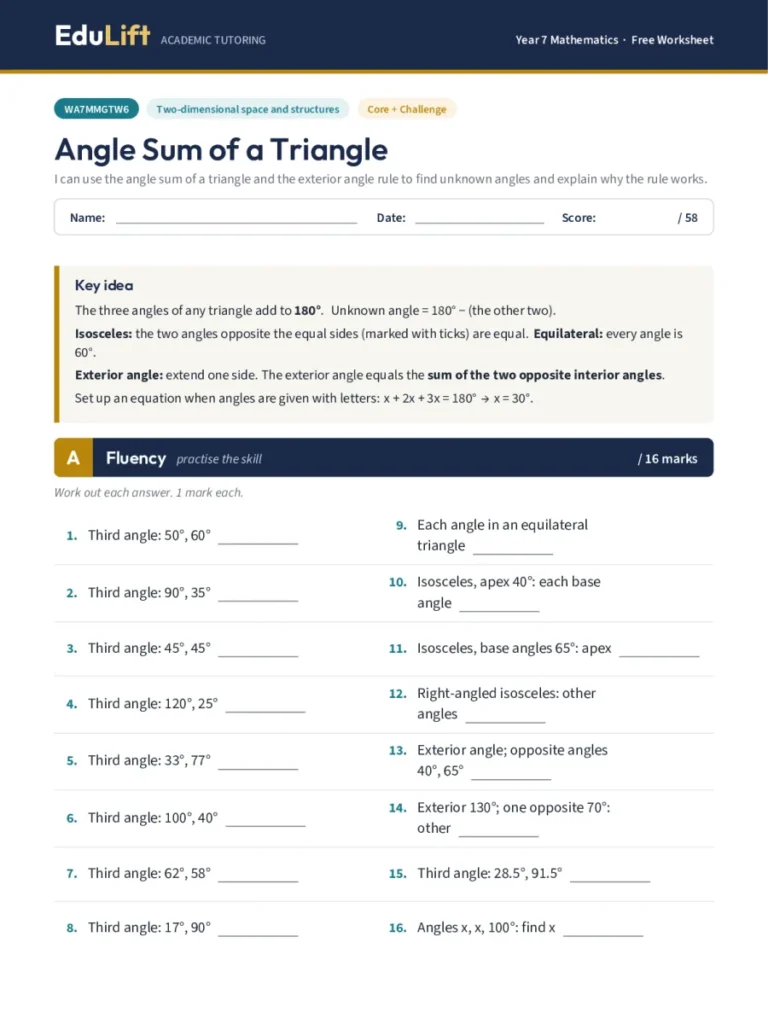 First page of the Year 7 angle sum of a triangle worksheet