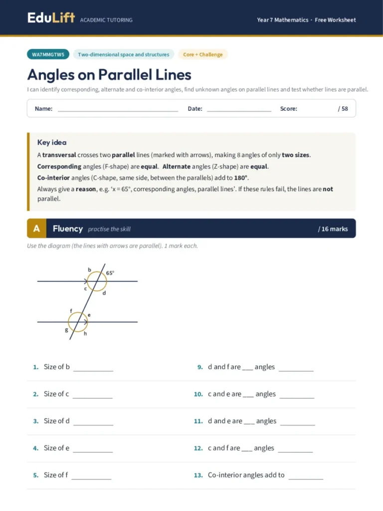 First page of the Year 7 angles on parallel lines worksheet