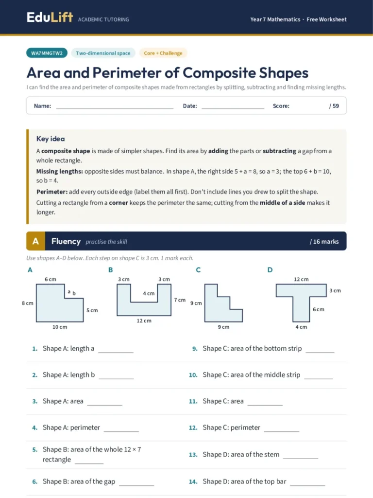 First page of the Year 7 area and perimeter of composite shapes worksheet