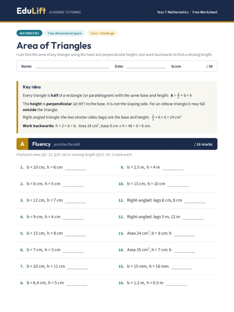 First page of the Year 7 area of triangles worksheet