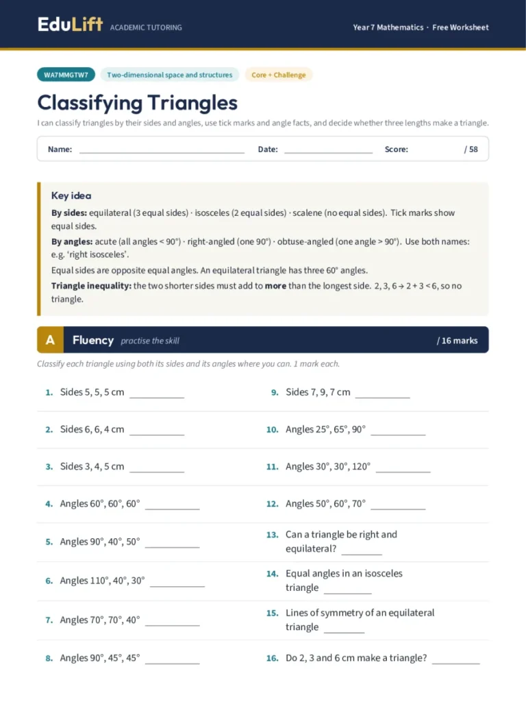 First page of the Year 7 classifying triangles worksheet