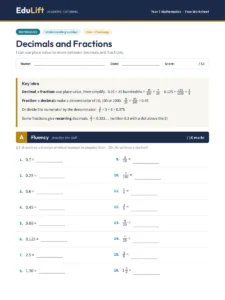 First page of the Year 7 decimals and fractions worksheet