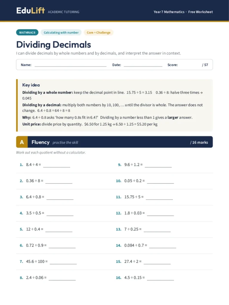 First page of the Year 7 dividing decimals worksheet