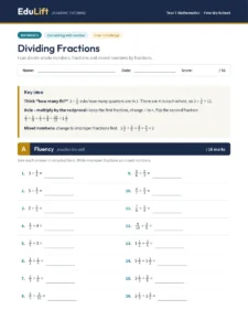 First page of the Year 7 dividing fractions worksheet