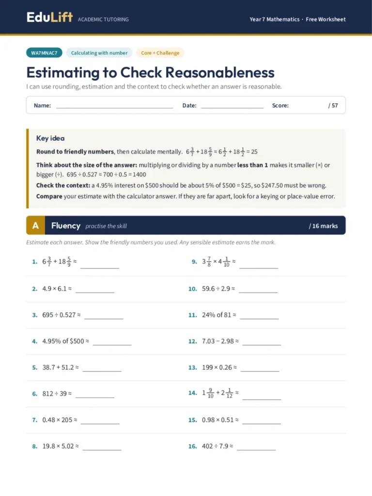 First page of the Year 7 estimating to check reasonableness worksheet
