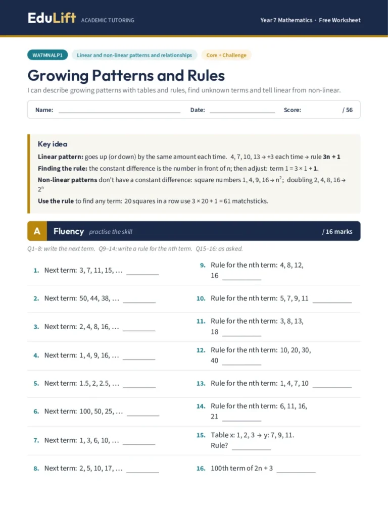 First page of the Year 7 growing patterns and rules worksheet