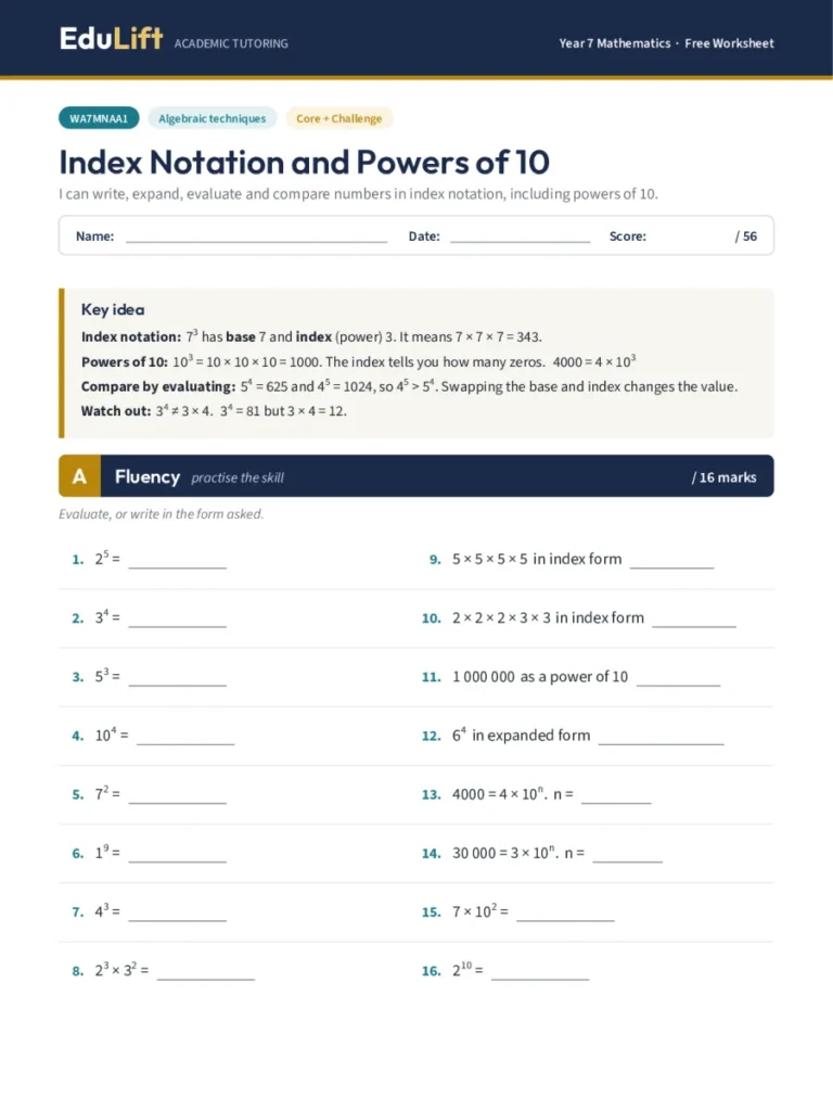 First page of the Year 7 index notation and powers of 10 worksheet