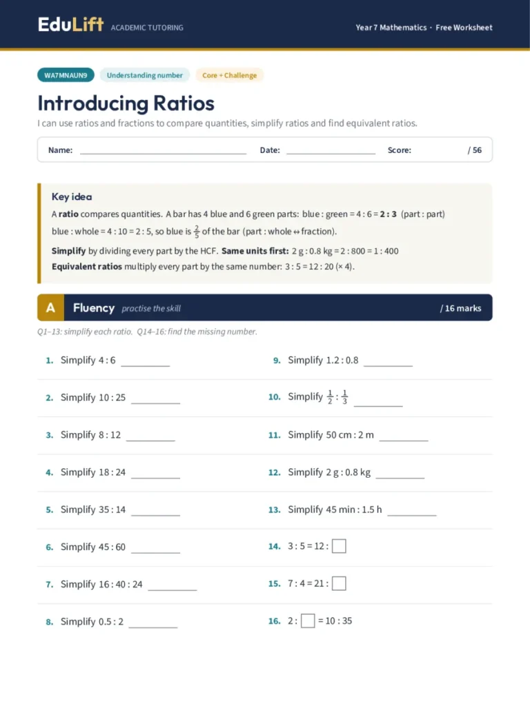 First page of the Year 7 introducing ratios worksheet