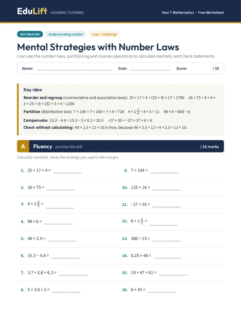 First page of the Year 7 mental strategies with number laws worksheet