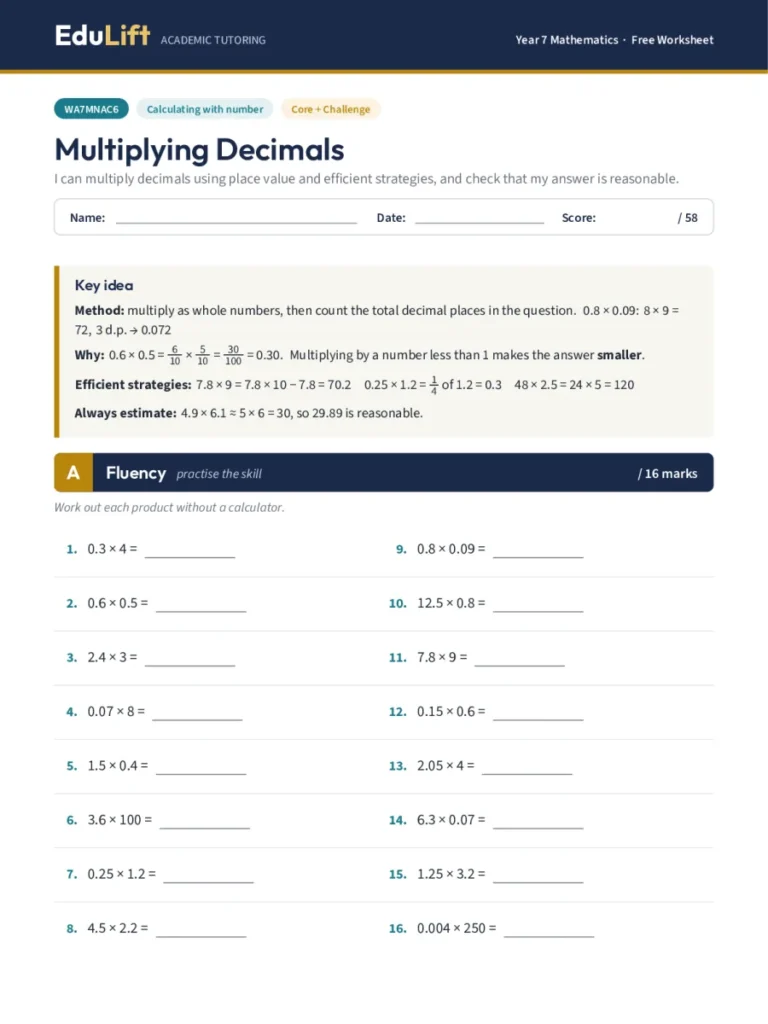 First page of the Year 7 multiplying decimals worksheet