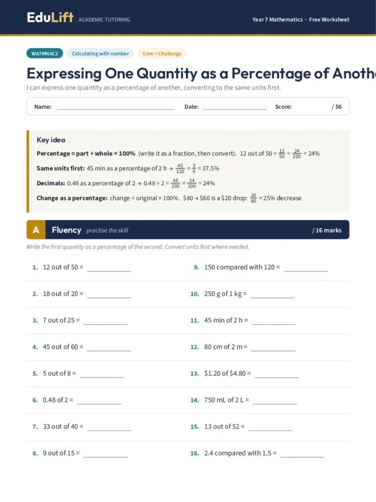 First page of the Year 7 expressing one quantity as a percentage of another worksheet