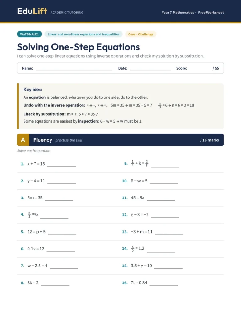 First page of the Year 7 solving one-step equations worksheet