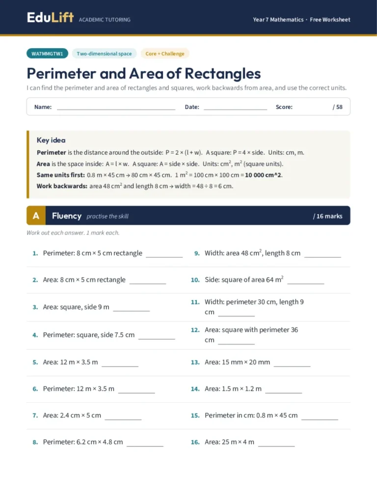 First page of the Year 7 perimeter and area of rectangles worksheet