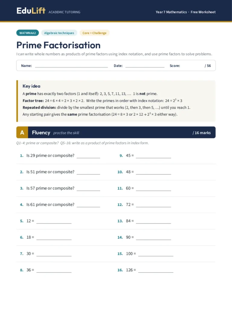 First page of the Year 7 prime factorisation worksheet