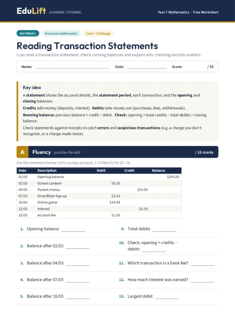 First page of the Year 7 reading transaction statements worksheet